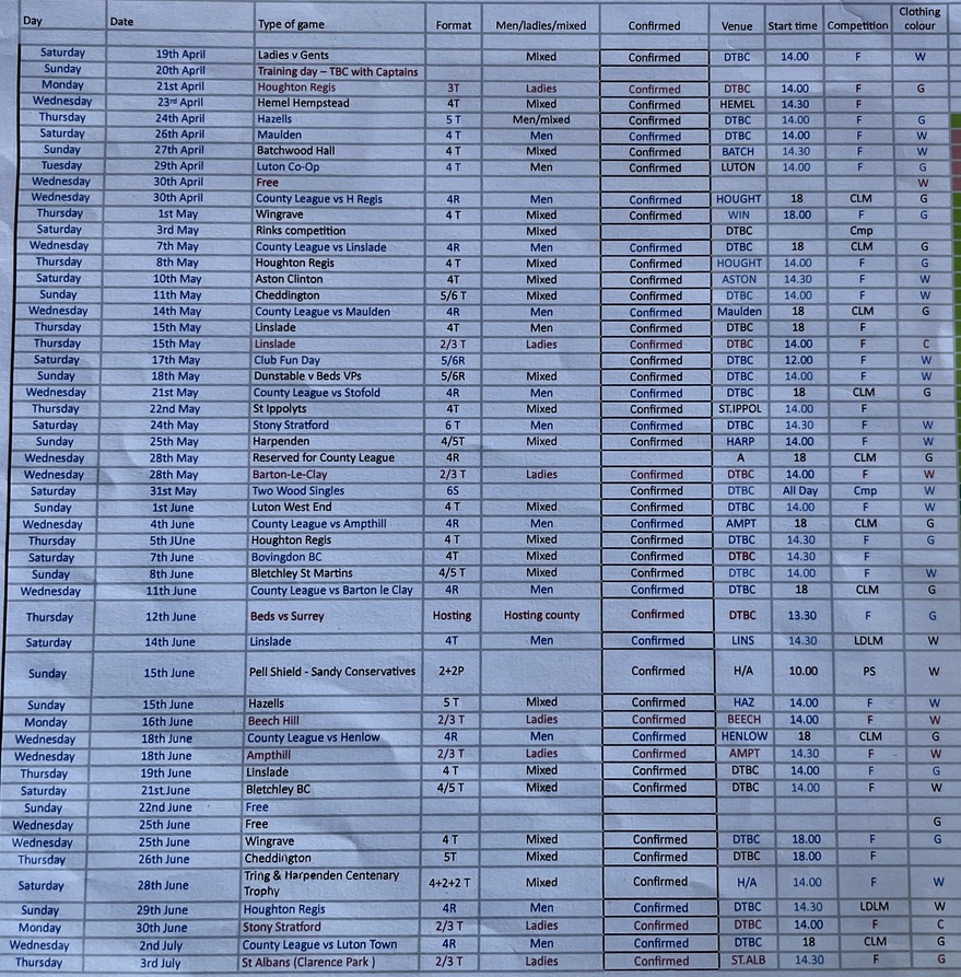 Dunstable Town Bowls Club 2025 FIXTURE LIST