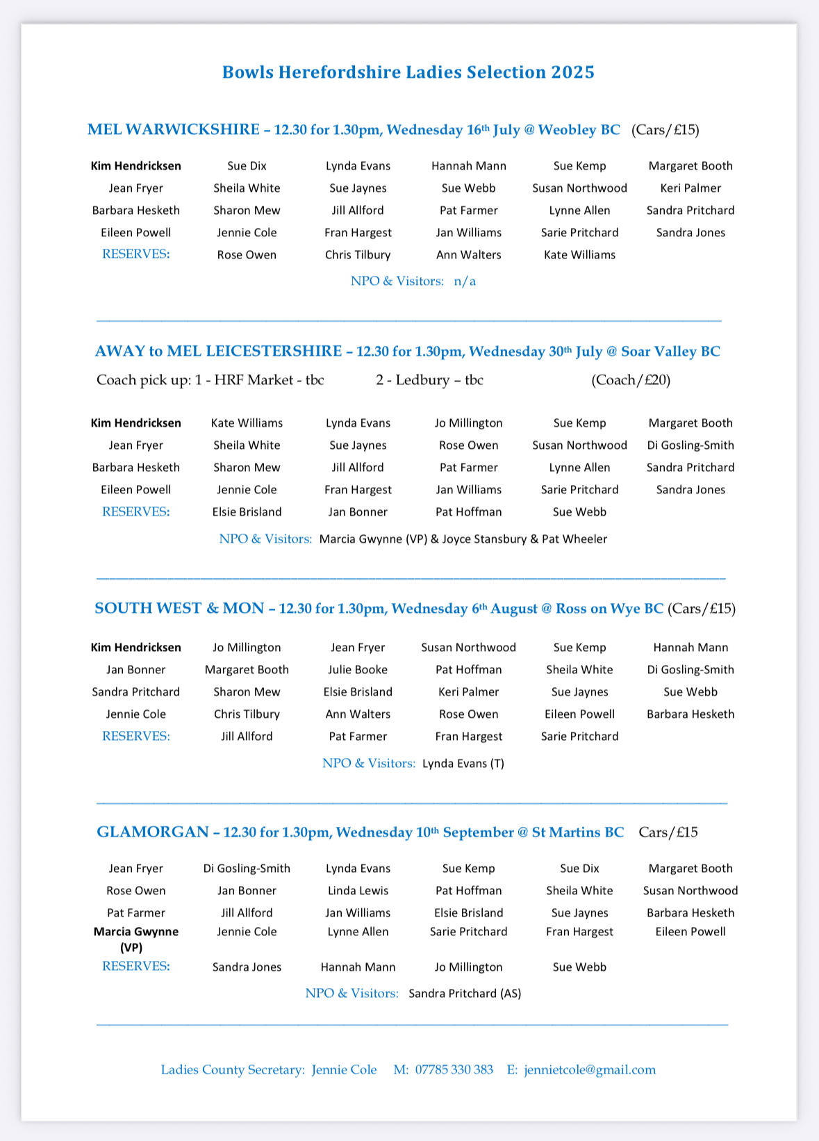Bowls Herefordshire Ladies County Team Selection