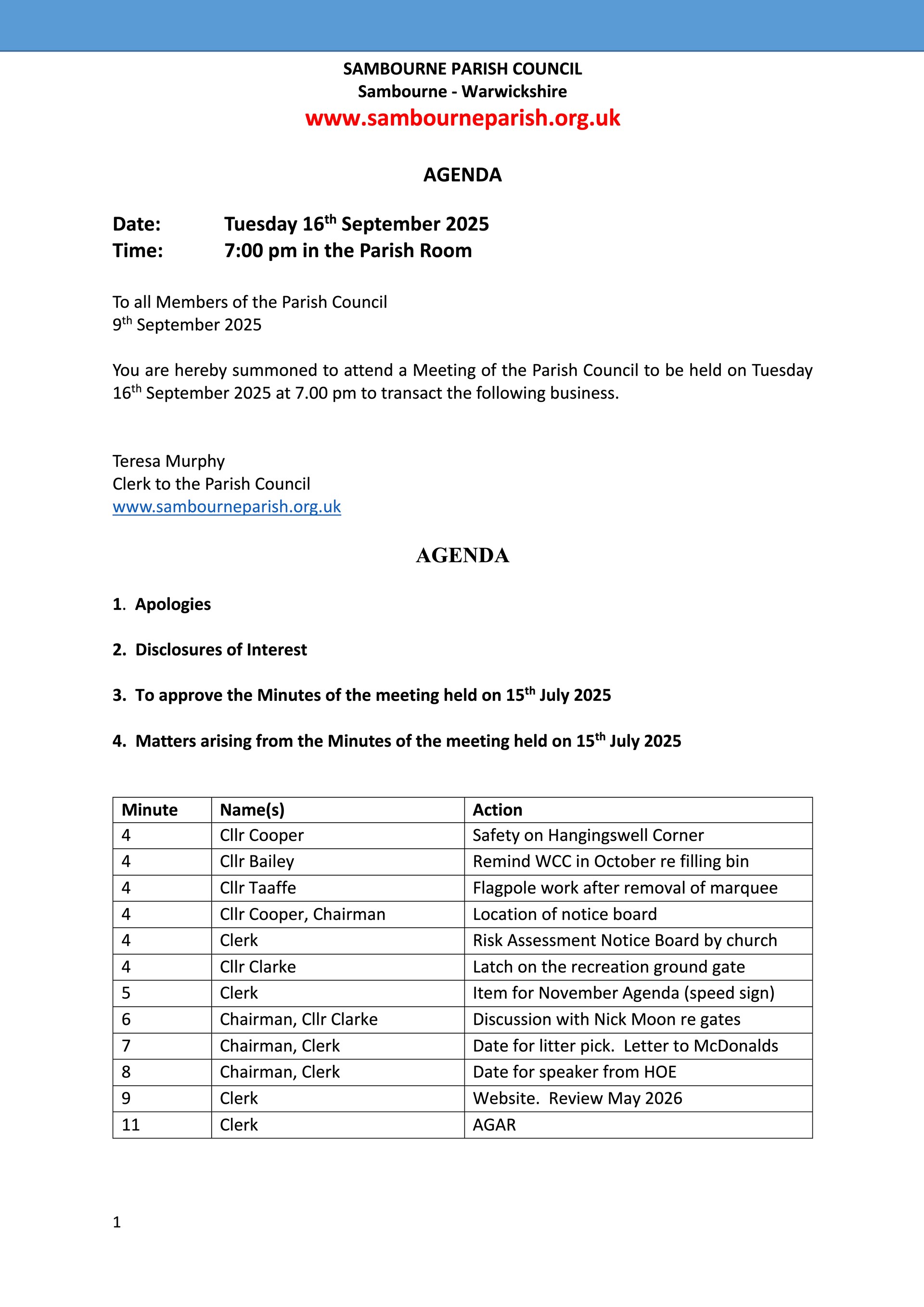 Sambourne Parish Council Agendas Sambourne Parish Council Agendas