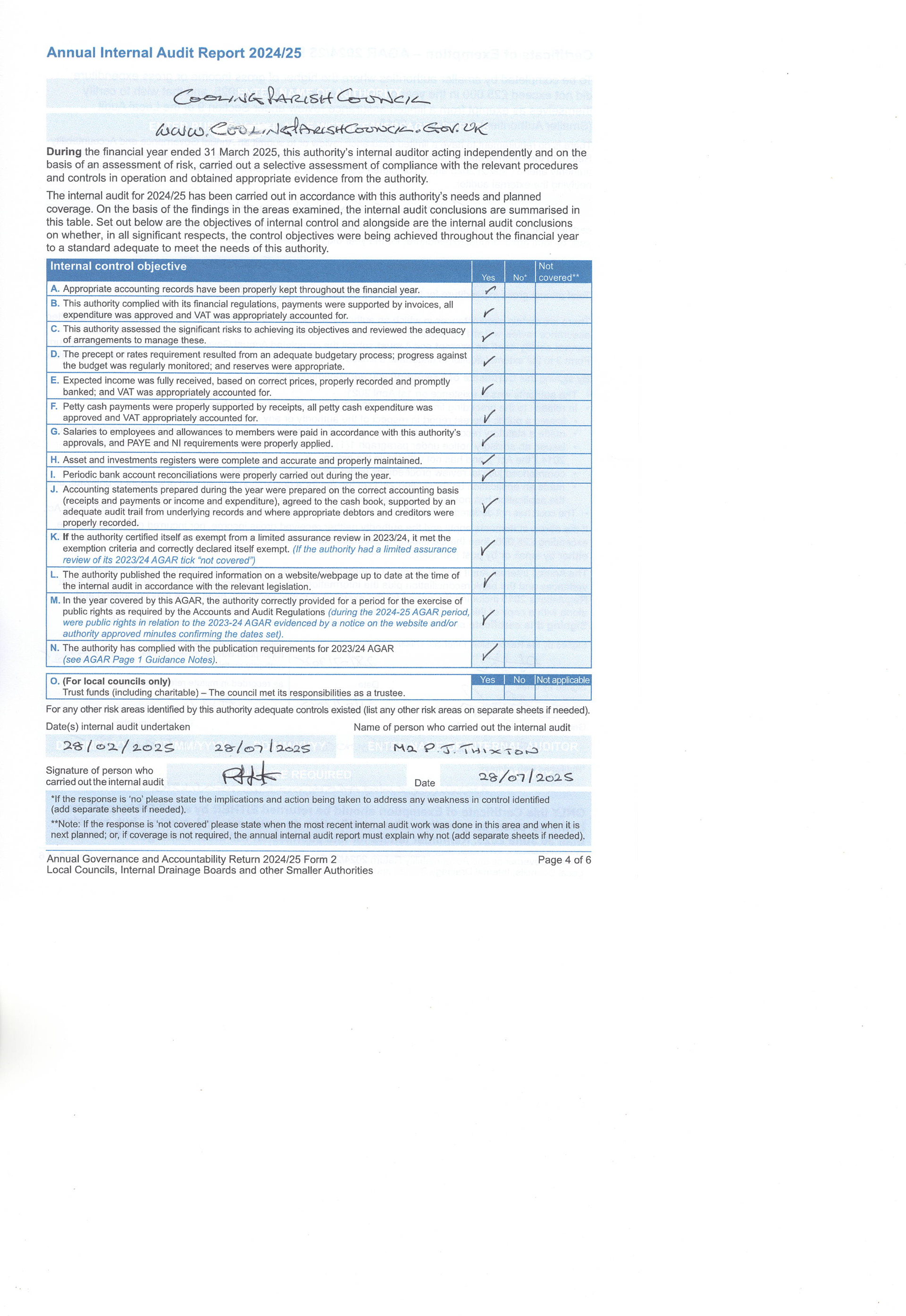 Cooling Parish Council Accounts 2024-2025