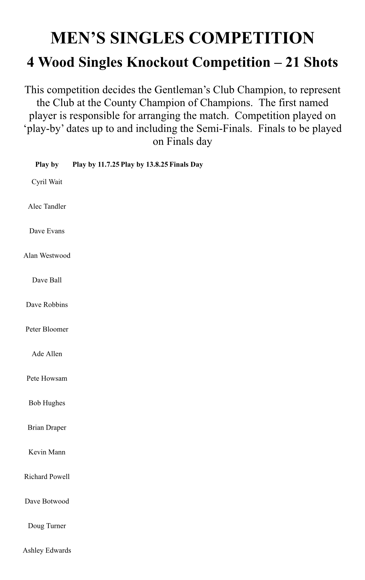 Brimfield and Little Hereford Bowling Club Draw for competitions
