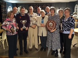 2025 trophy winners. L - R Jeannie Hutton, Bruce Acock, Jonny Abbott, Liz Dyer, Richard Lambert, Liz Hosmer, Gordon Corby, Lorna Lambert, Colleen Laker & Clare Thomas 2025 trophy winners. L - R Jeannie Hutton, Bruce Acock, Jonny Abbott, Liz Dyer, Richard Lambert, Liz Hosmer, Gordon Corby, Lorna Lambert, Colleen Laker & Clare Thomas