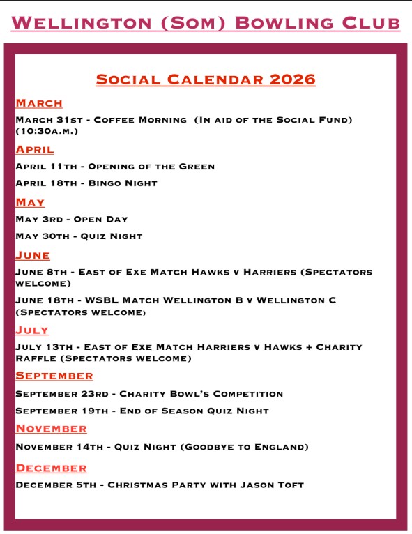 Wellington BC Social Calendar 2026