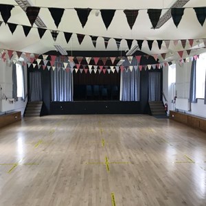 Main Hall showing the stage and bunting