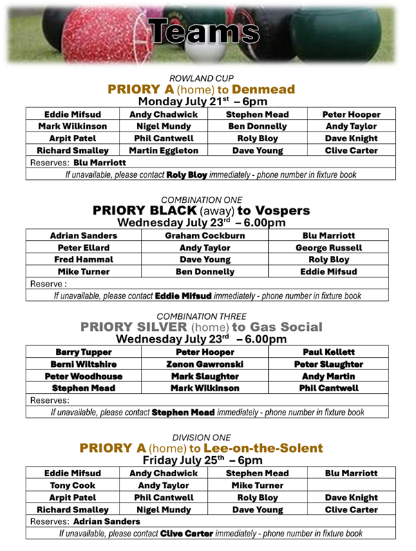 Priory Bowls Club Teams for week beginning 21st July