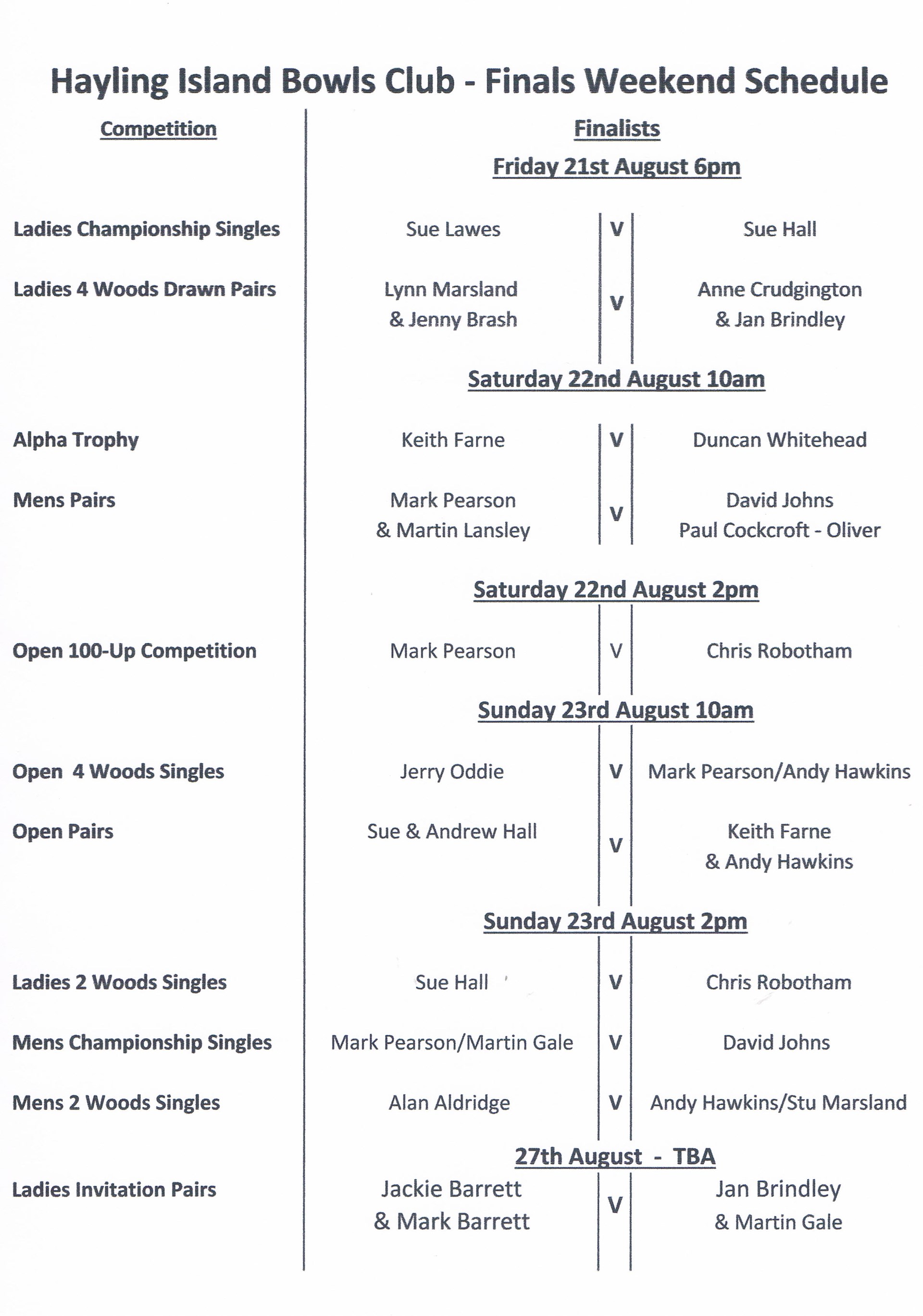 Hayling Island Bowls Club FINALS  MATCH SCHEDULE