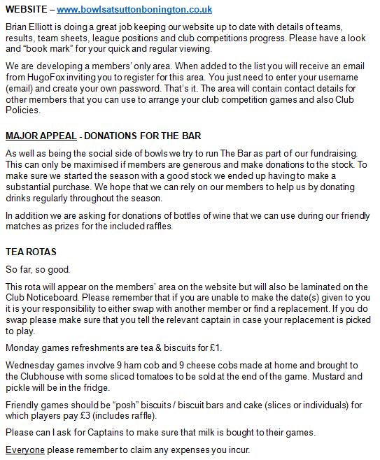 Sutton Bonington Bowls Club Club Newsletters