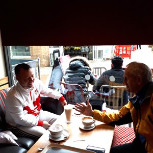 DAY 2 - David catching up with Ian Litchfield, the Disability Bowls Award wining inventor of the "Tiny carpet" to promote Bowls and other Sports to those with "less abilities"