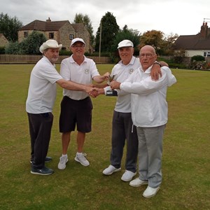 Australian Pairs winners Bruce Acock & Dave Edwards (on right) receiving trophy from runners up Jonny Abbott & Richard Lambert