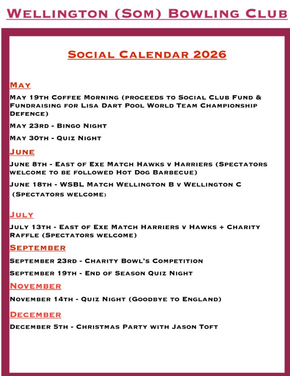 Wellington BC Social Calendar 2026