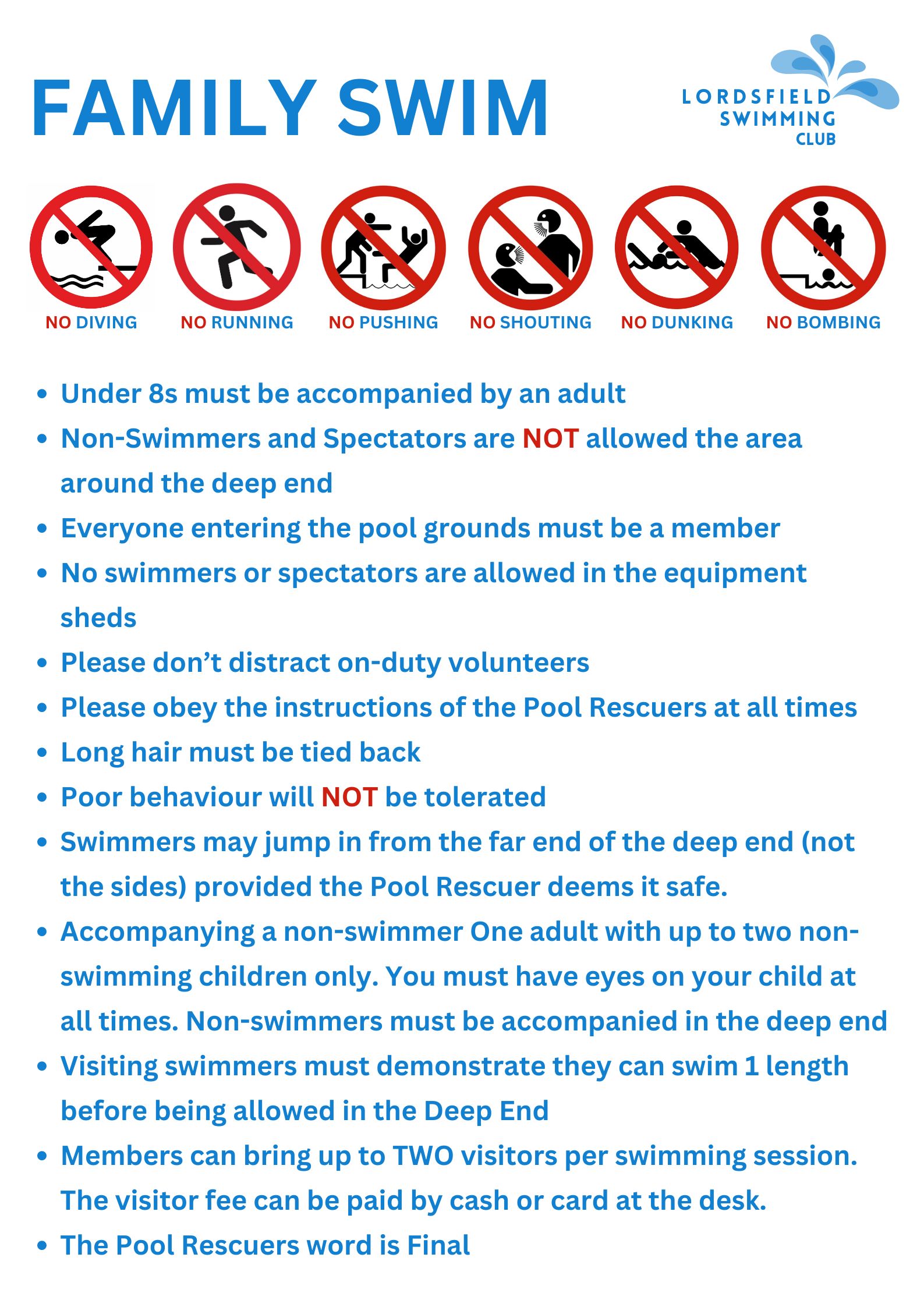 Lordsfield Swimming Club Family Swimming Rules