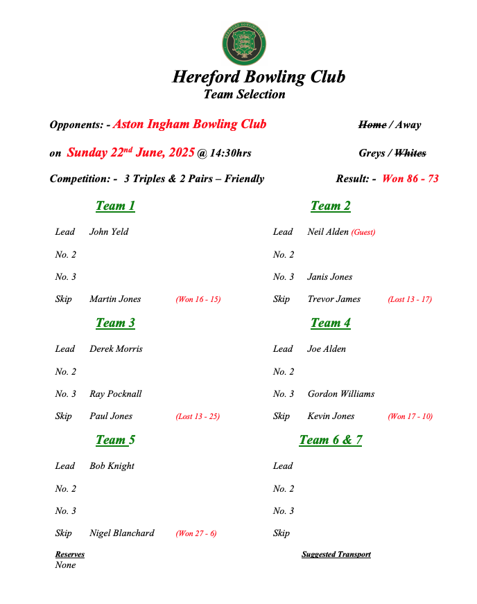 Hereford Bowling Club Aston Ingham - Friendly - 22/06/25