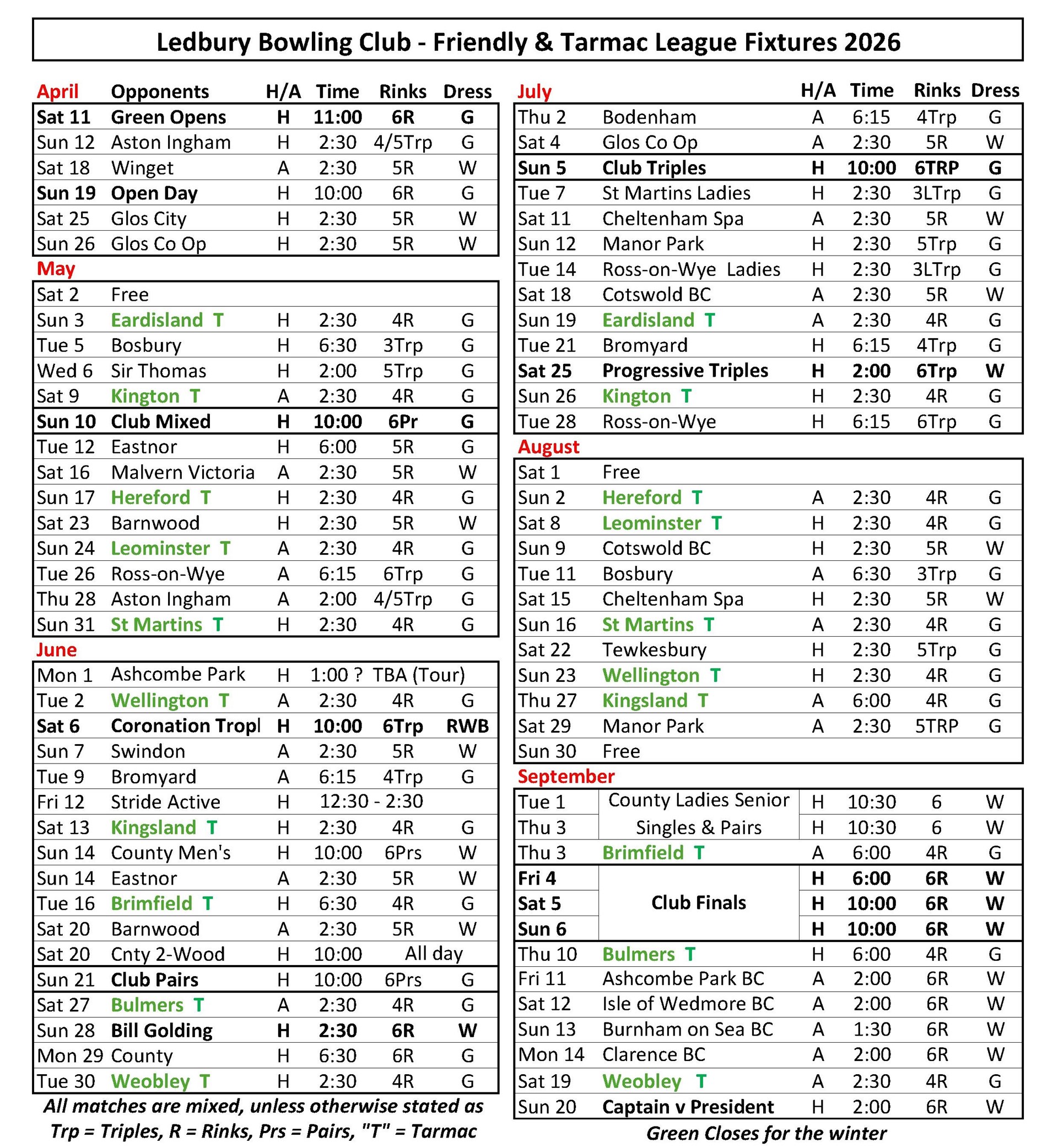 Ledbury Bowling Club Fixtures (inc Tarmac League)