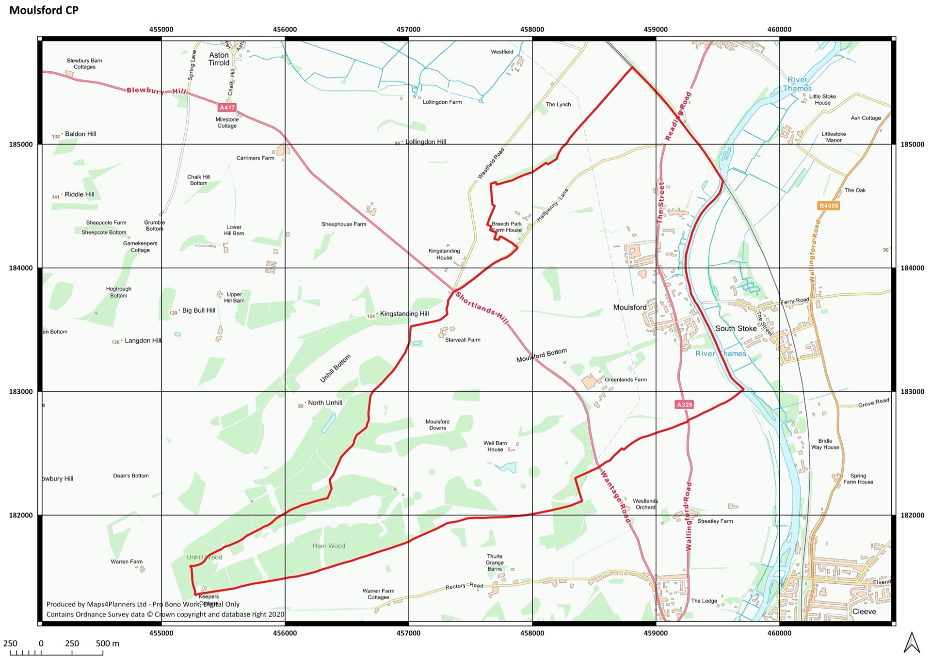 The parish of Moulsford. The boundary is highlighted in red.