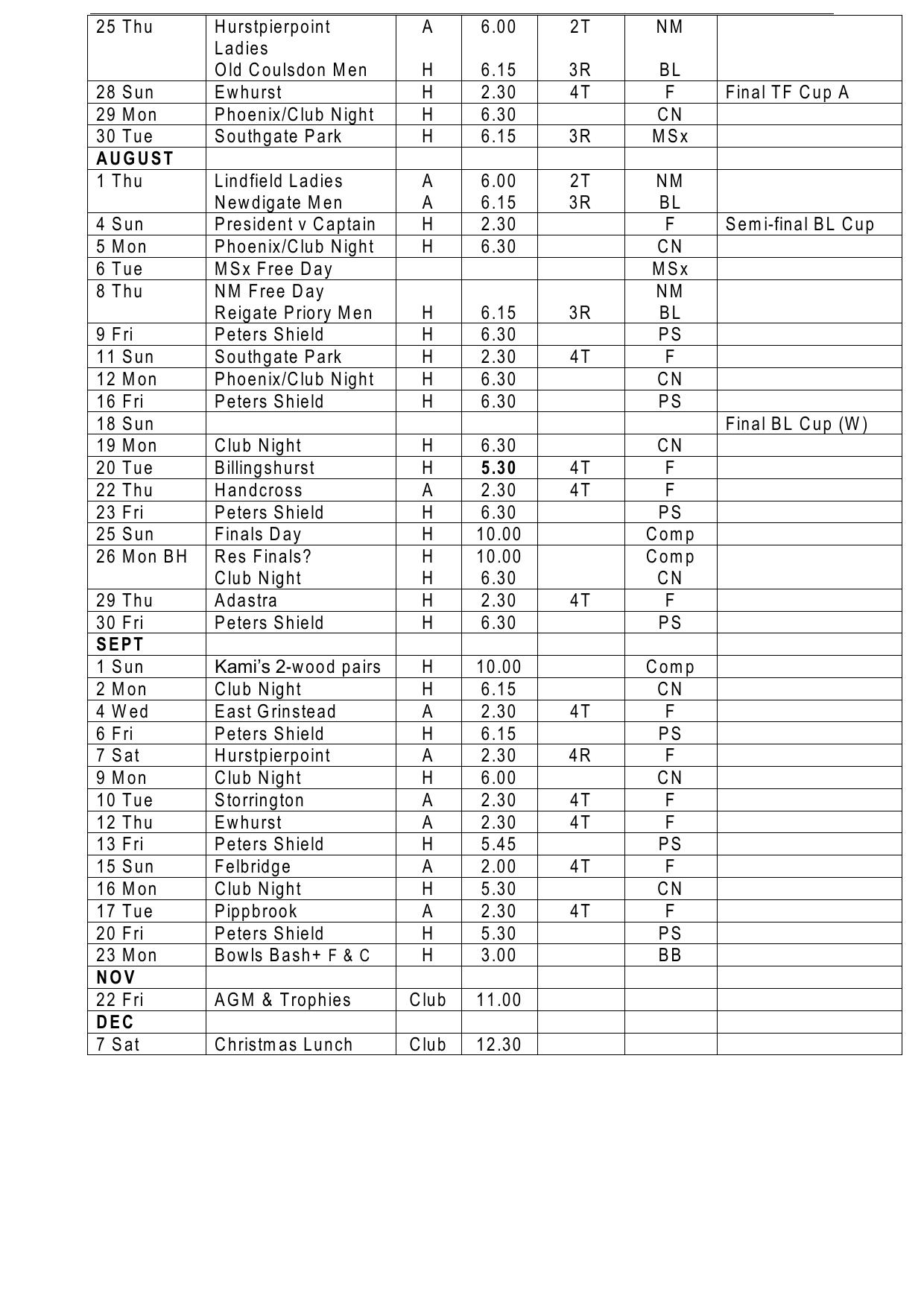 Horsham Park Bowls Club 2024 Fixture Calendar