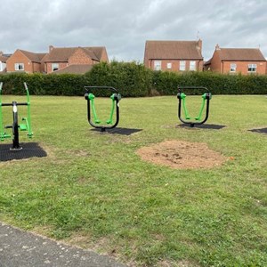 Outdoor Gym: (Left to Right) Skier, 2 x Space Walker & Pedal Cycle, Magpie Garth, Crossgates