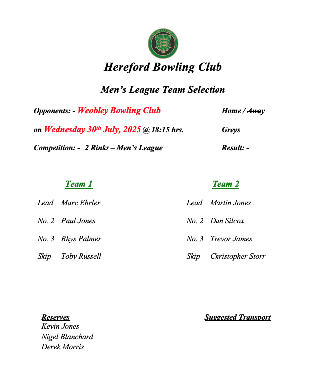 Hereford Bowling Club Weobley - Men's League - 30/07/25