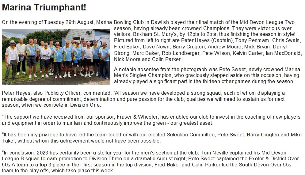 Marina Bowling Club Dawlish 2023 Press items mid - Aug to season end