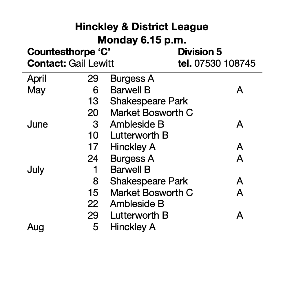 Countesthorpe Bowls Club Hinckley & District League