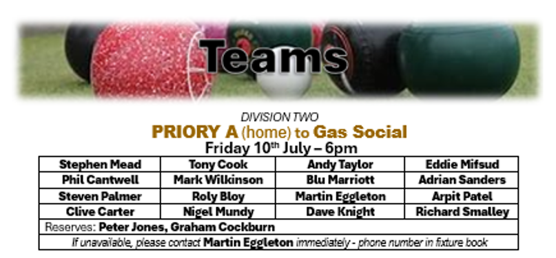 Priory Bowls Club Priory team for 10th July