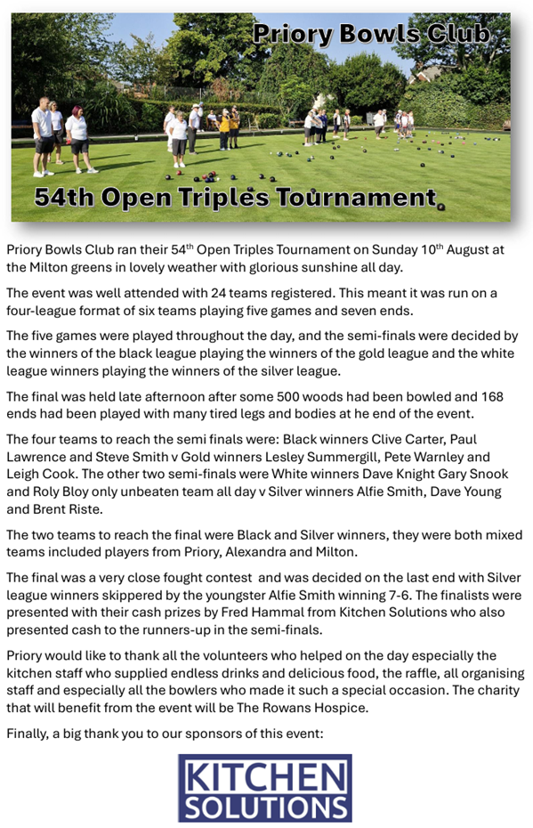 Priory Bowls Club 54th Priory Triples Competition Report