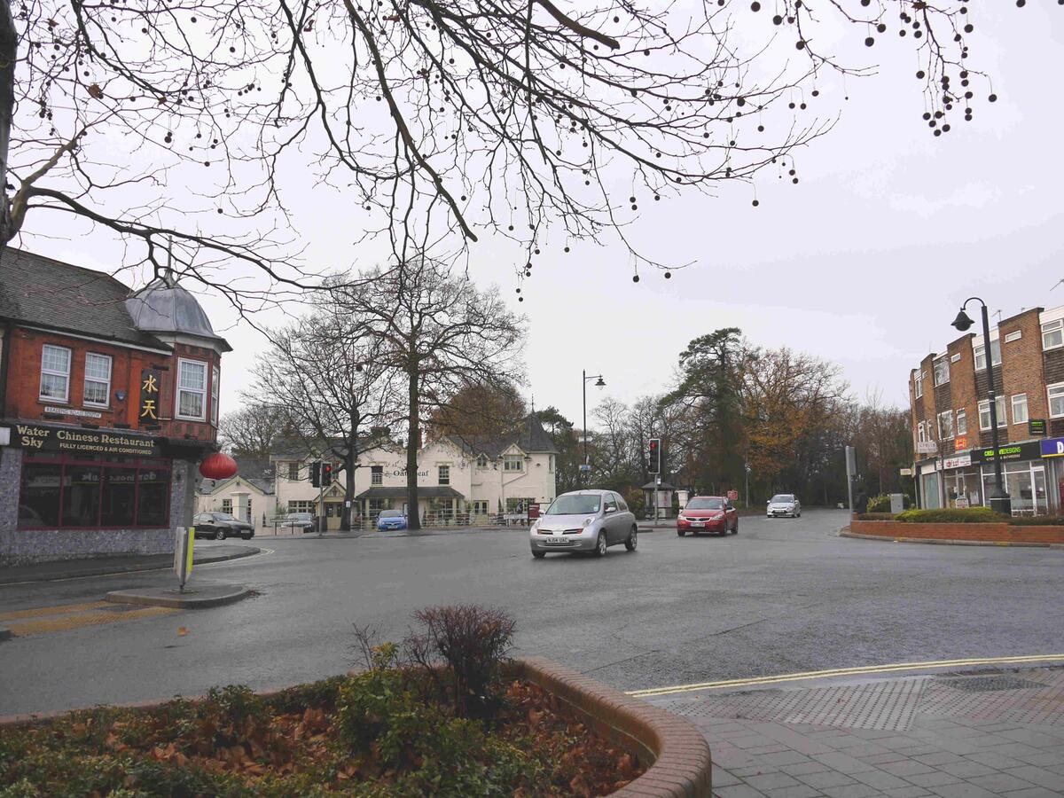 The Oatsheaf Crossroads.  Ancient routes, C19 Tower House, Oatsheaf pub and 1960s development.