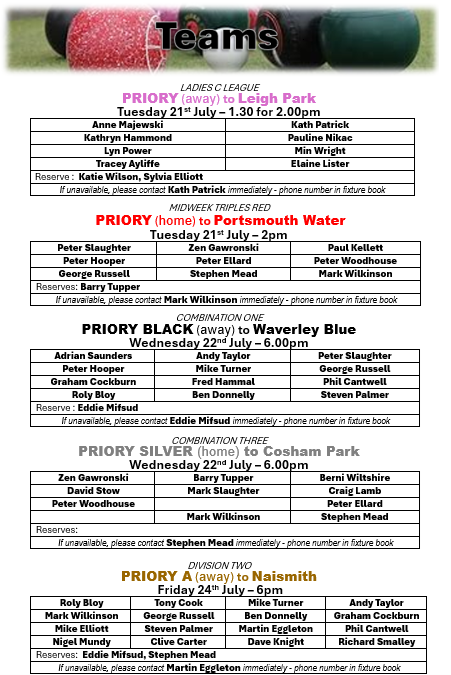 Priory Bowls Club Teams for week beginning 20th July