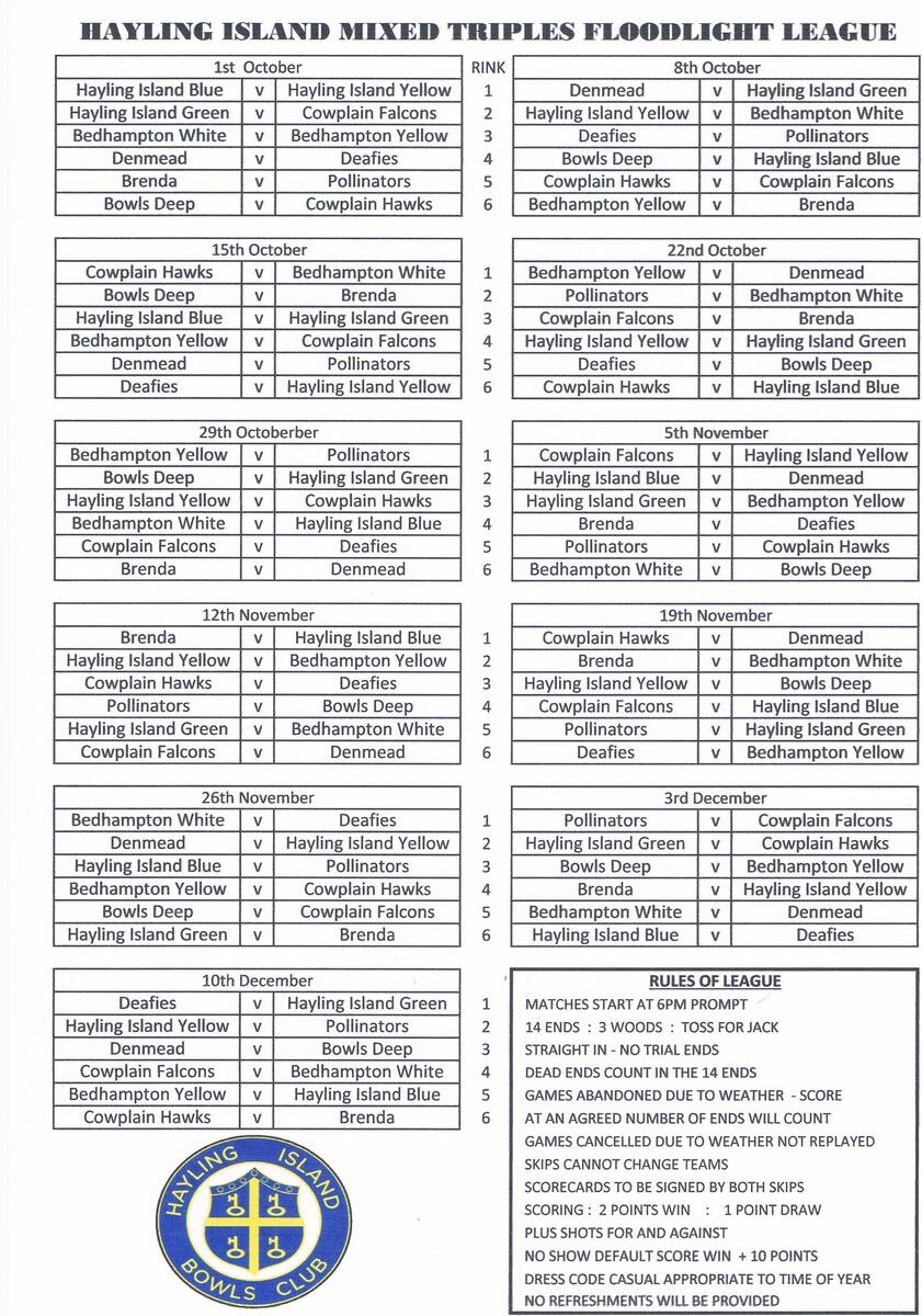 Hayling Island Bowls Club Floodlight Match Schedule