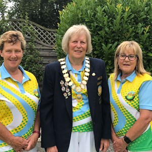 Triples Champions Fran Hargest and Sandra Pritchard with President Marcia