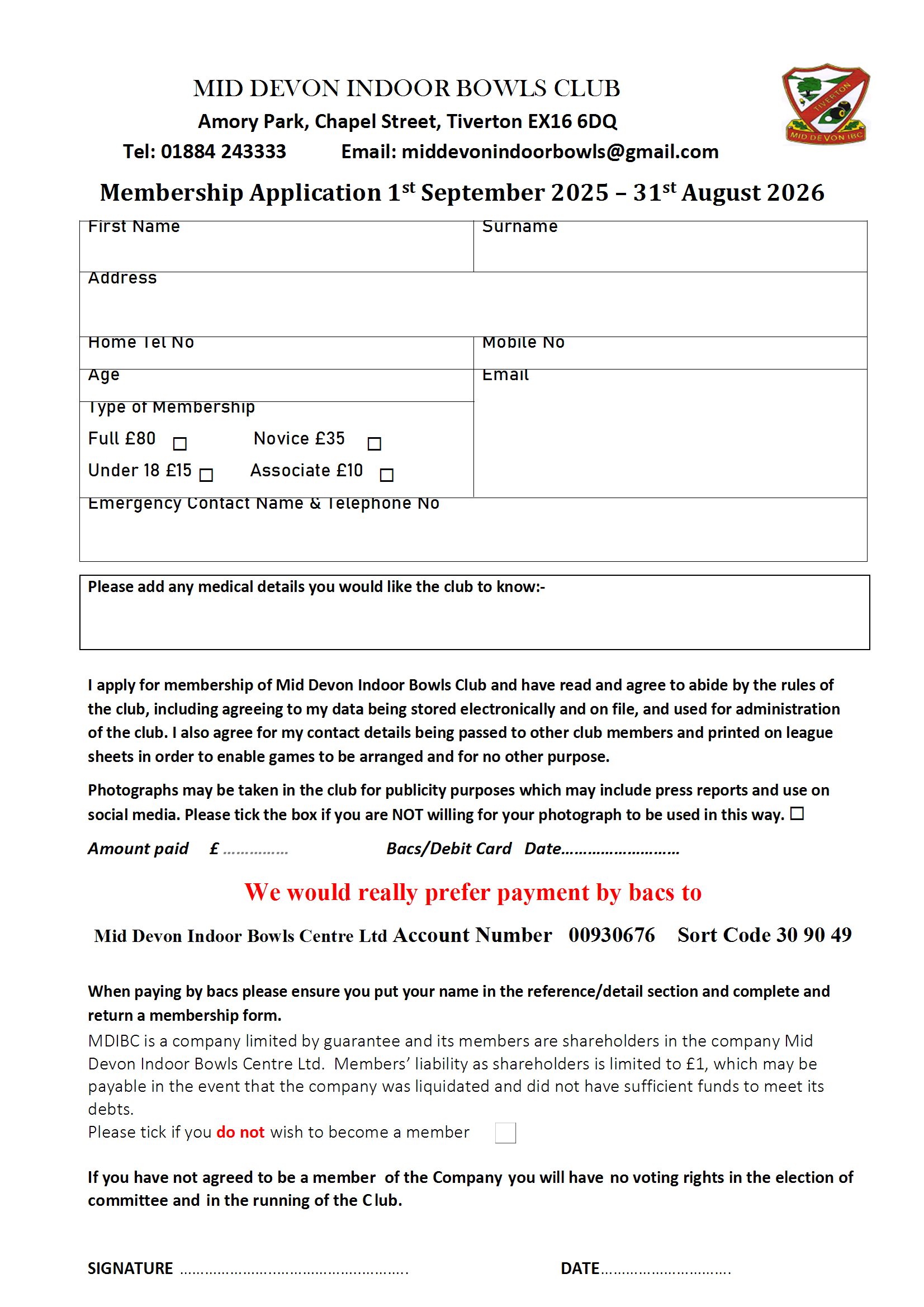 Mid Devon Indoor Bowls Membership Form