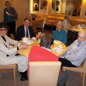 The 2017 Lunch for volunteers at South Downs College. l to r around the table: Diana, John, Michael, Irene and Dave with his back to the camera. Janet is standing in the background.,