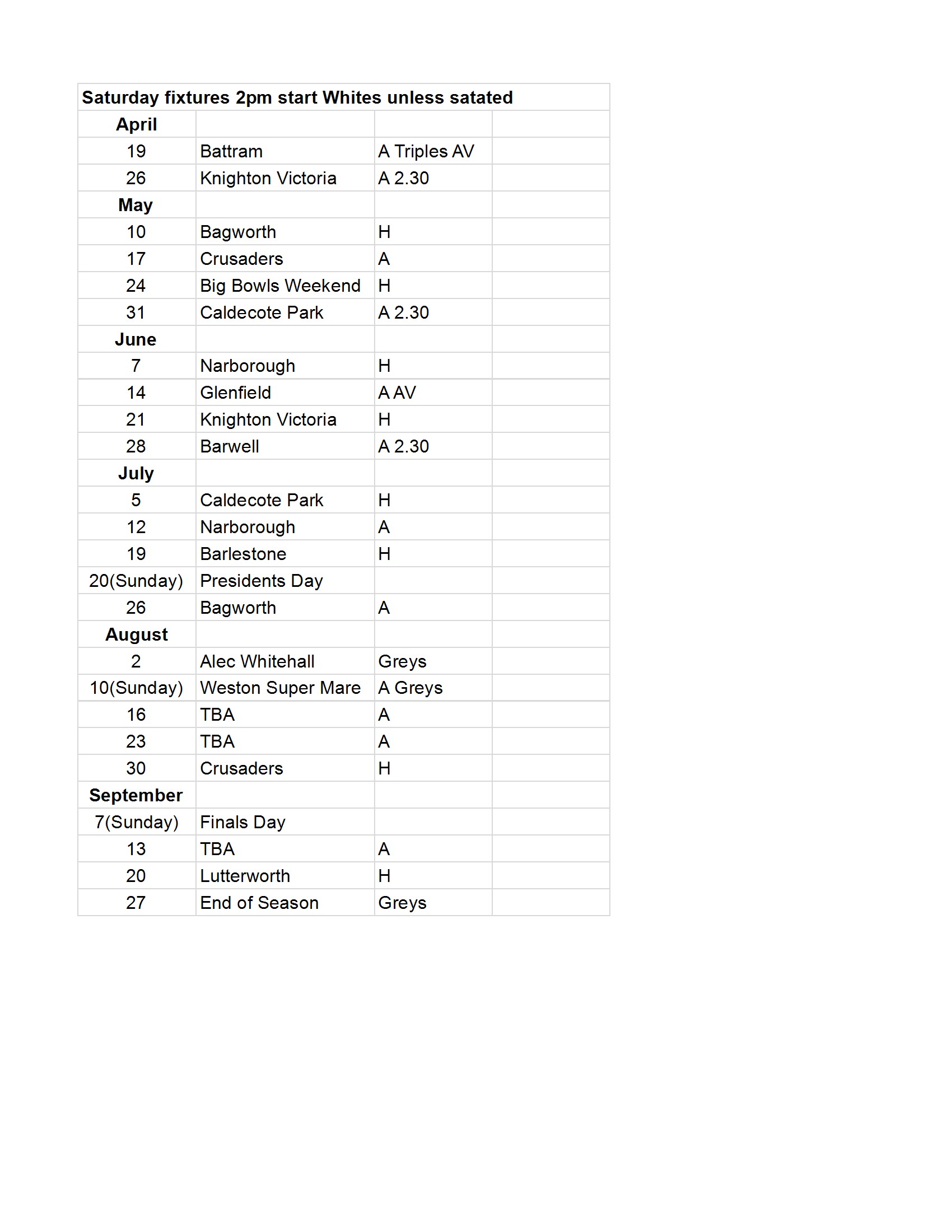 Burgess Bowls Club Saturday Fixtures 2025