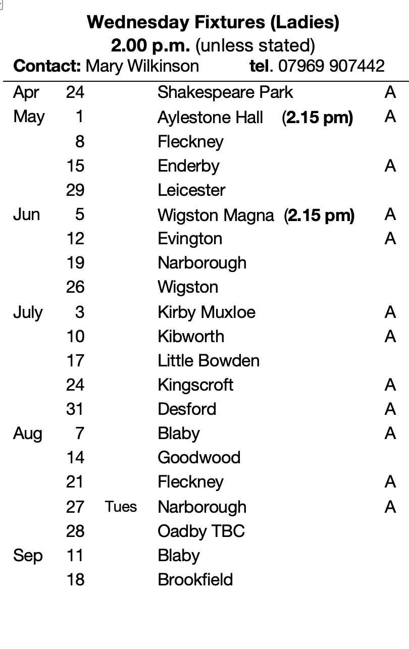 Countesthorpe Bowls Club Wednesday Fixtures (Ladies)