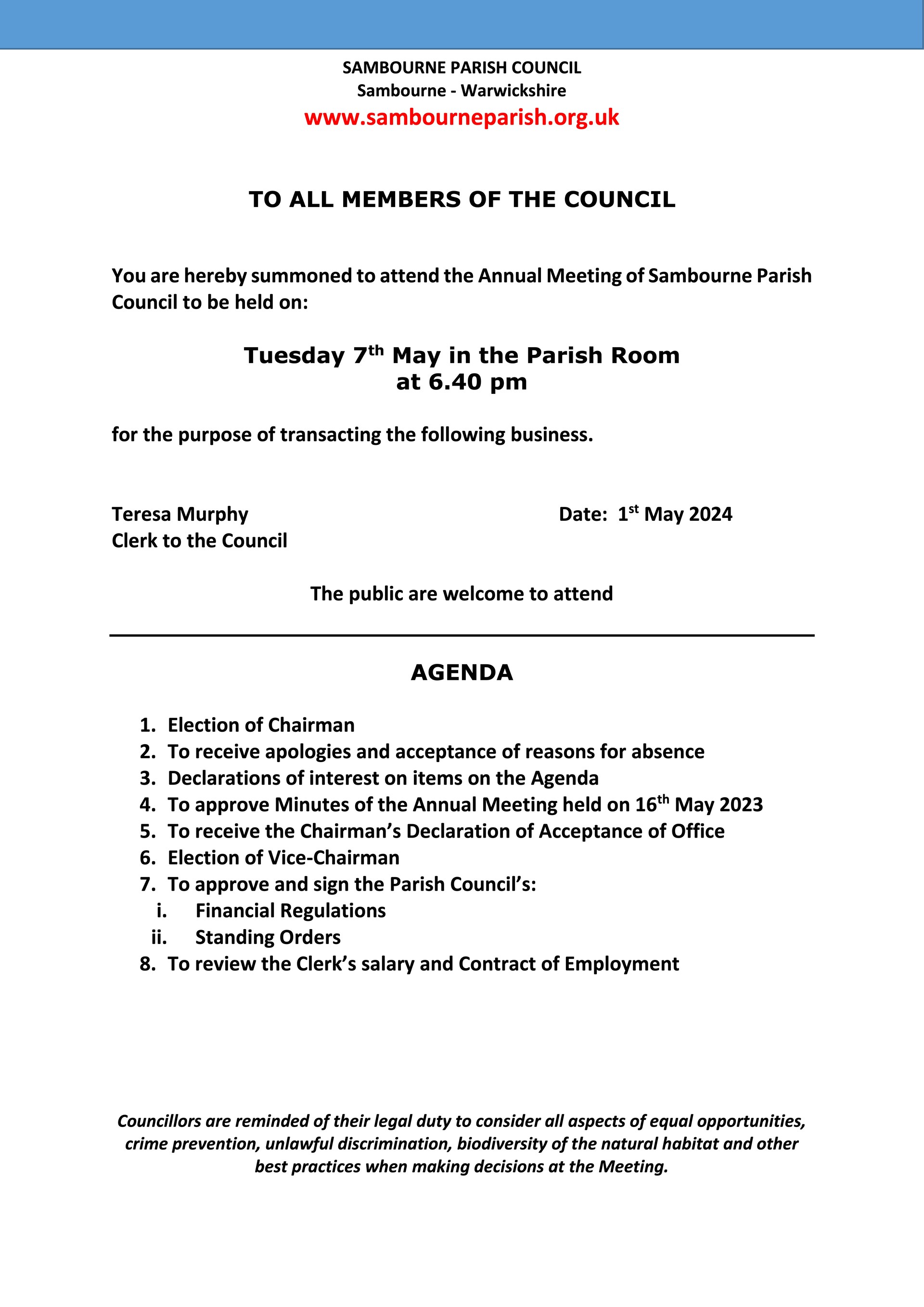 Sambourne Parish Council Agendas