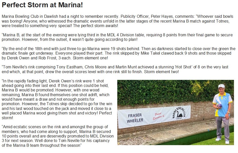Marina Bowling Club Dawlish 2023 Press items
