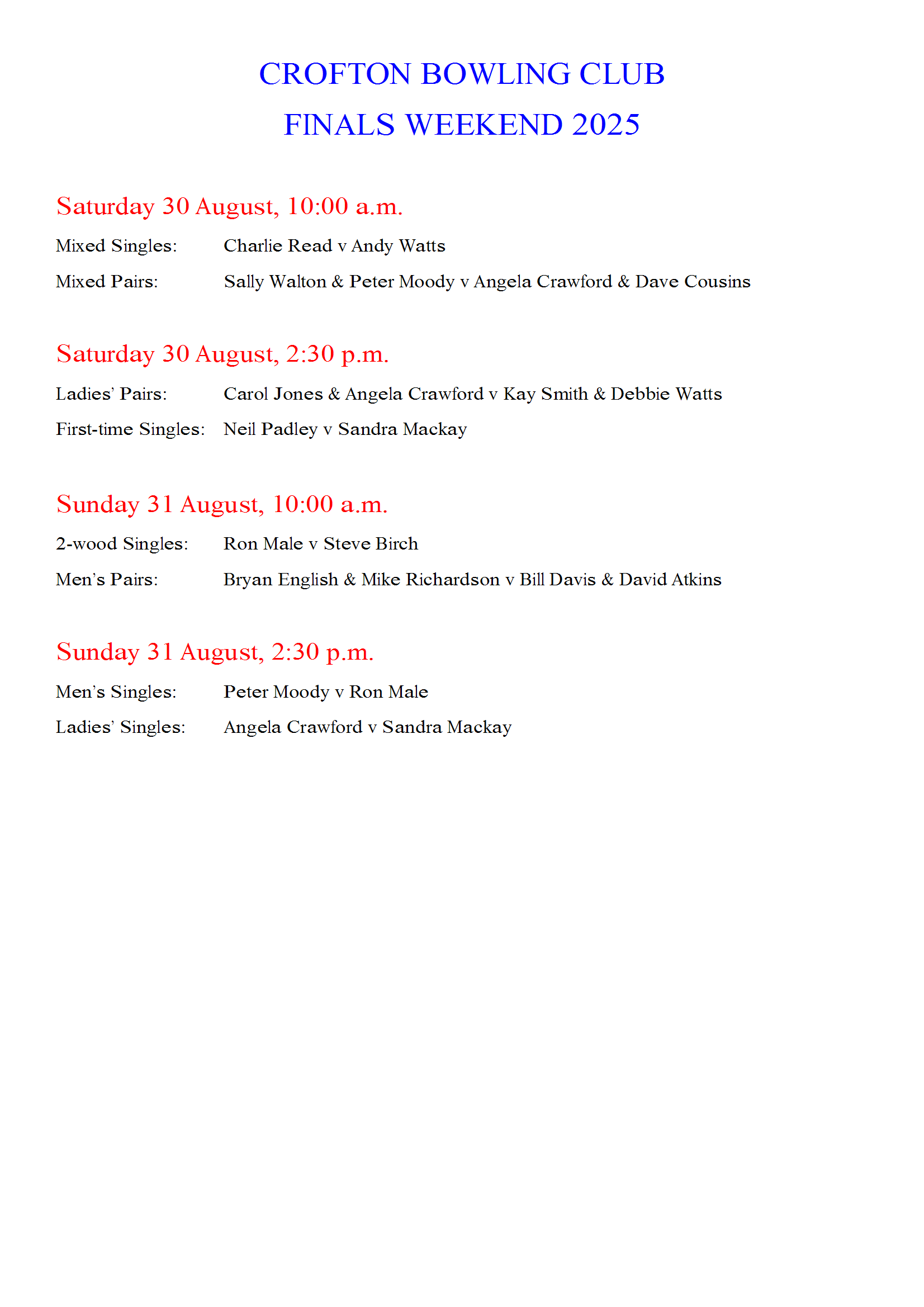 Crofton Bowling Club 2025 Club Finals