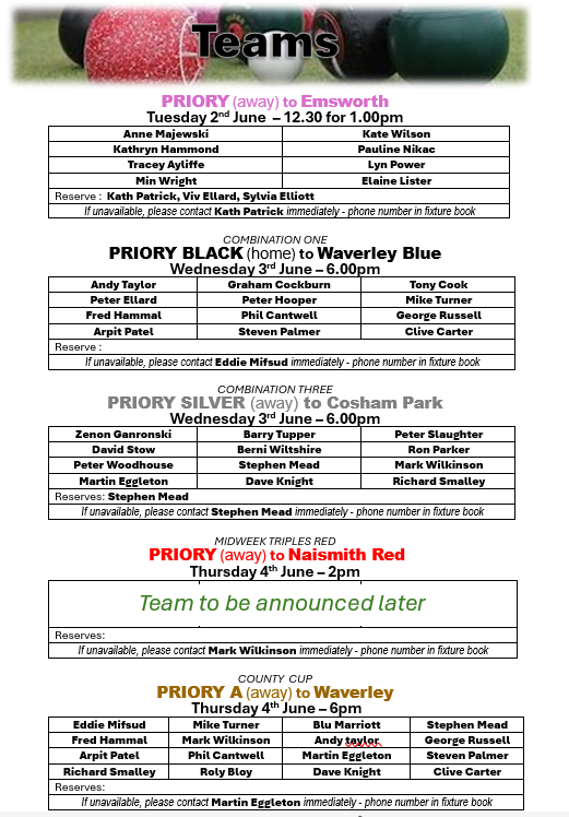 Priory Bowls Club Teams for week beginning: 1st June