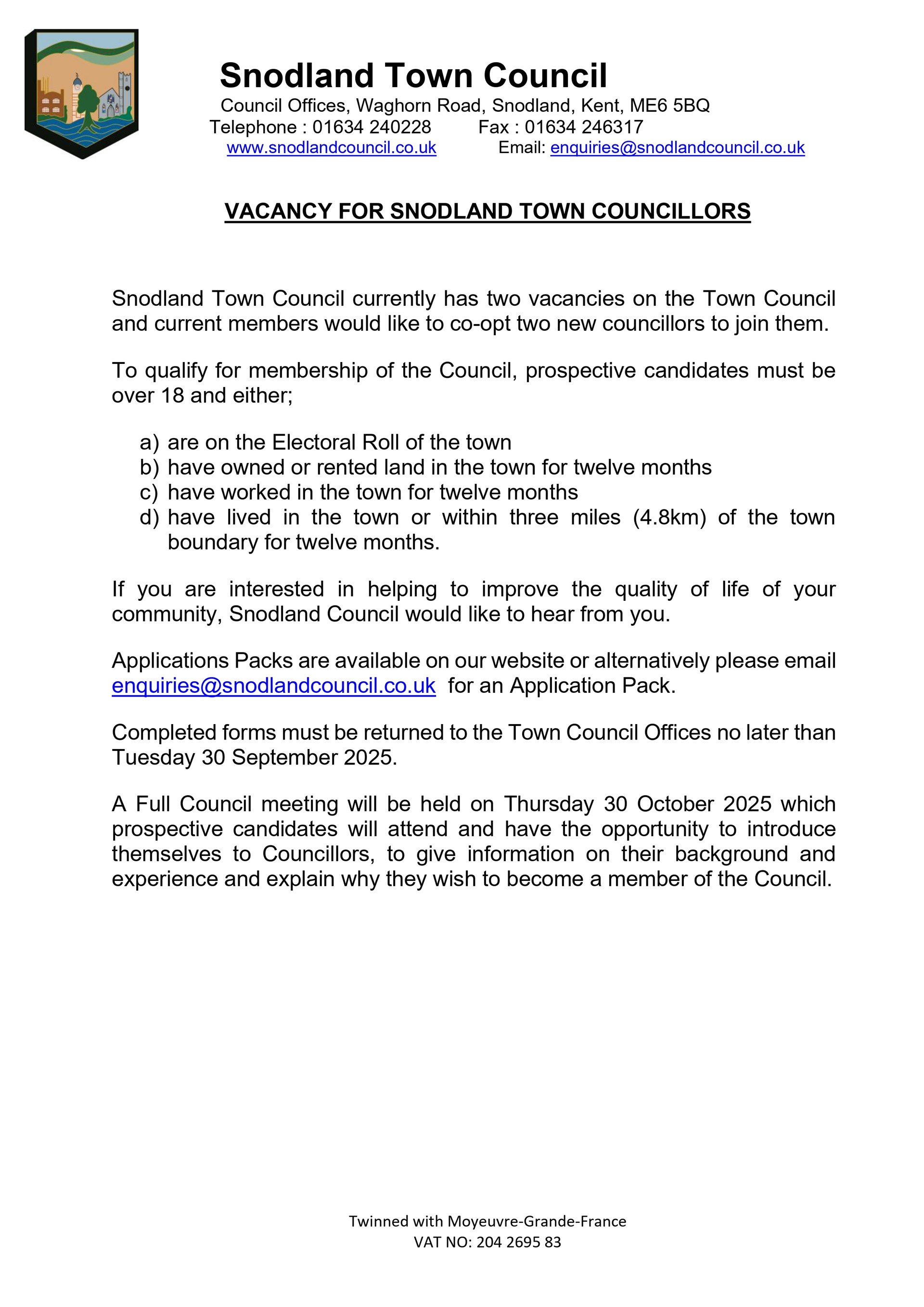 Vacancy for Snodland Town Councillor Vacancy for Snodland Town Councillor