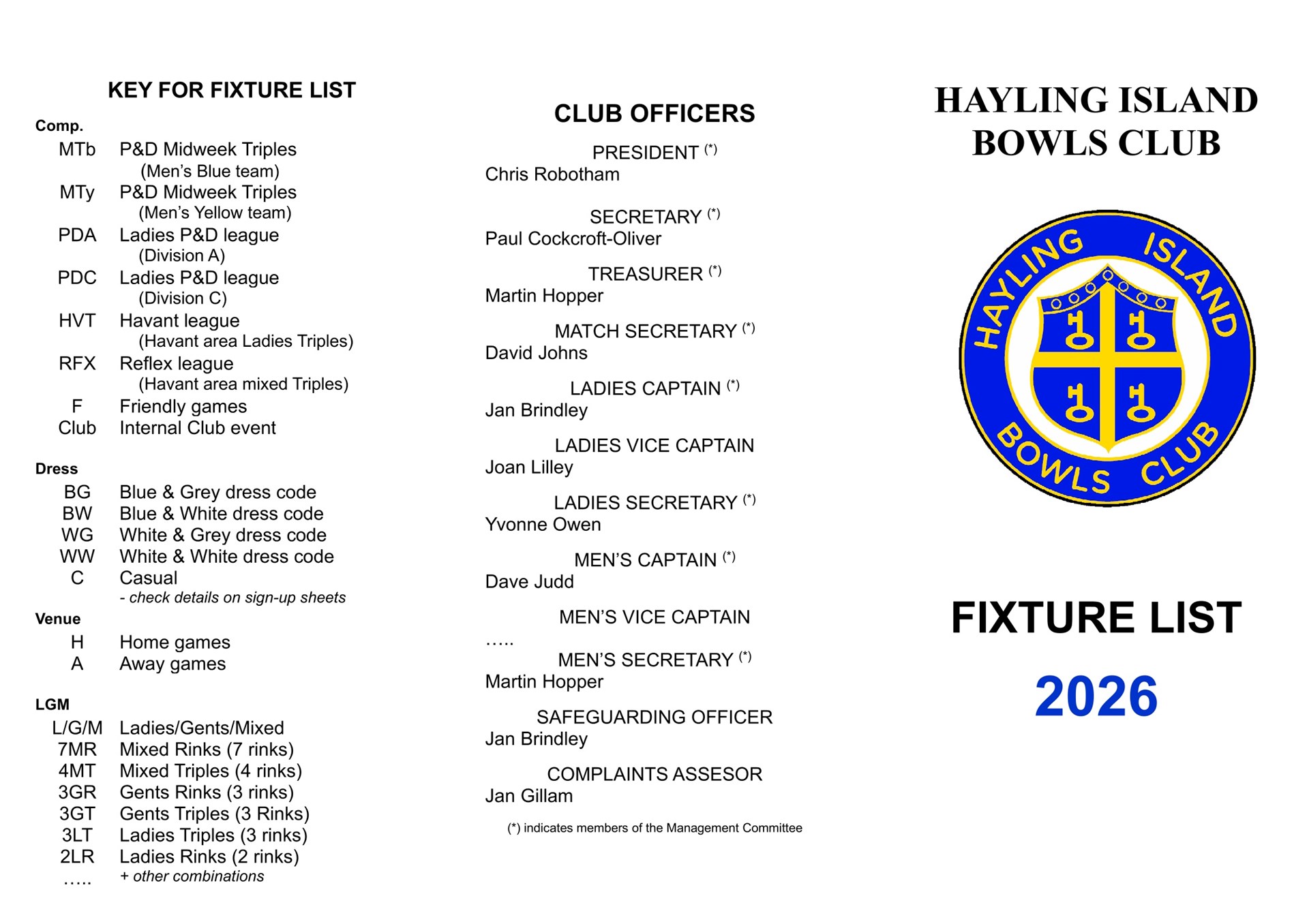 Hayling Island Bowls Club 2026 Fixture List