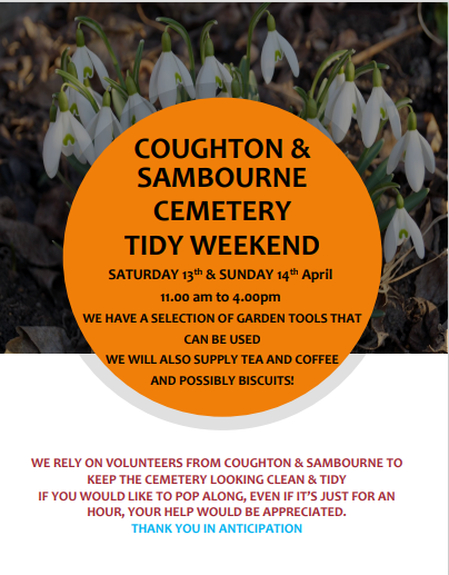 All are welcome to join us at the next cemetery clean up on the 13th & 14th April 2024