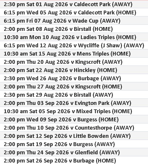 Lutterworth Town Bowling Club Club Matches