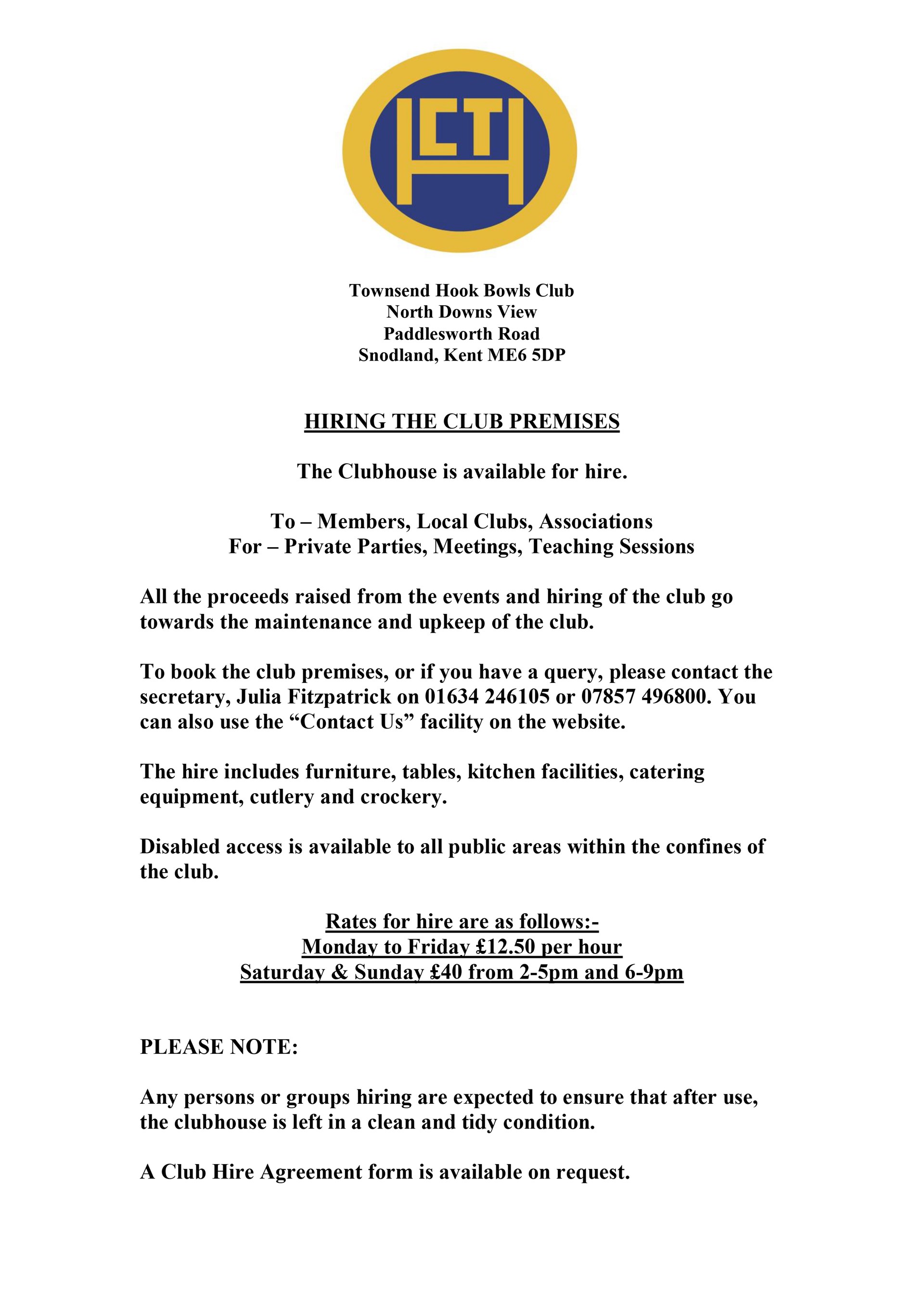 Townsend Hook (Snodland) Bowls Club Clubhouse Hire Information 2025