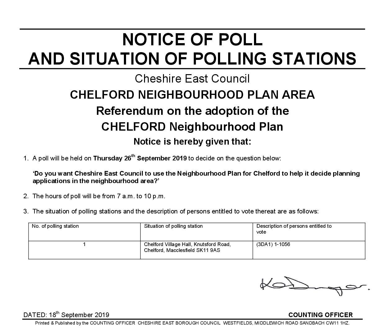 Chelford Parish Council Referendum - Notice of Poll
