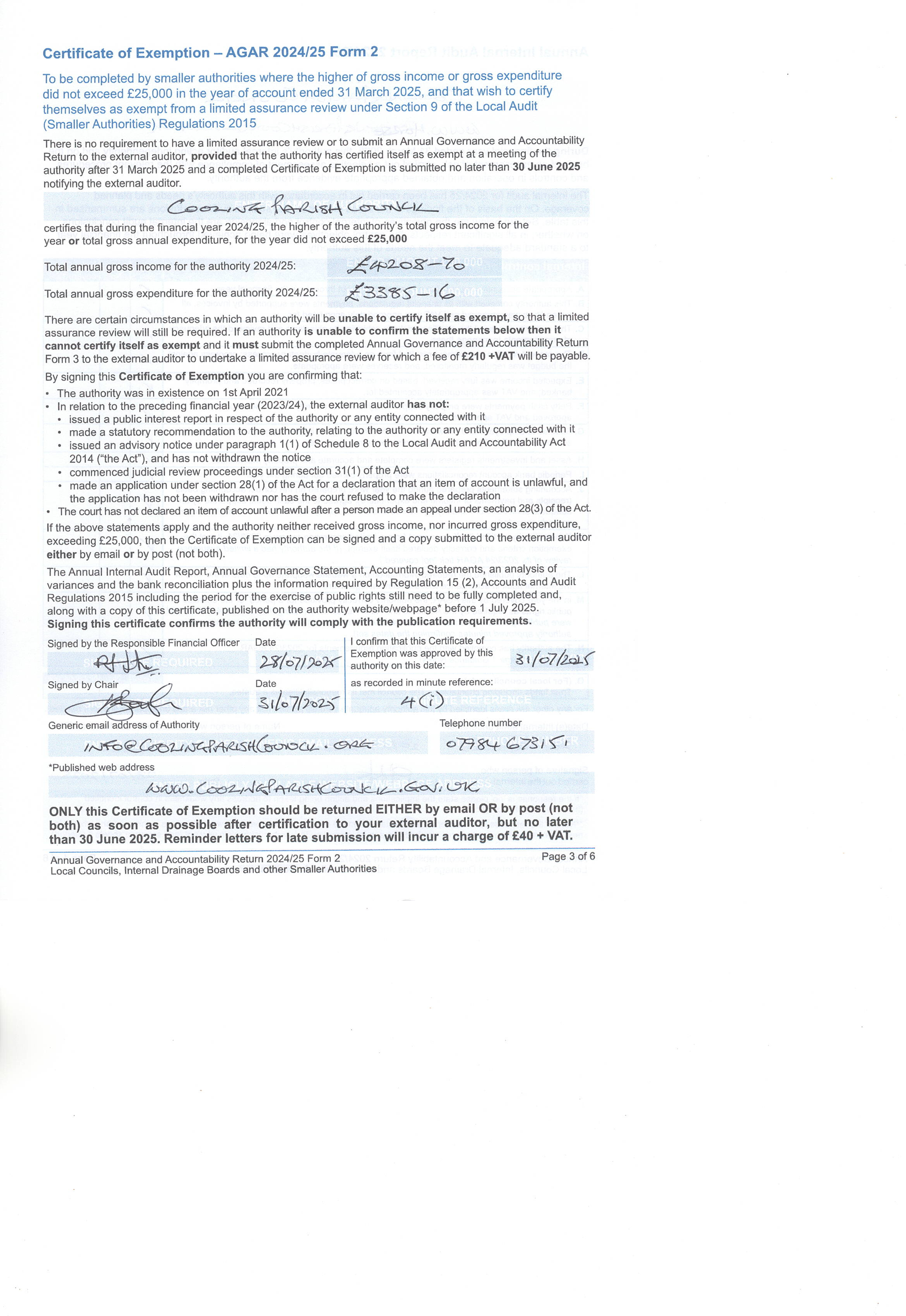 Cooling Parish Council Accounts 2024-2025