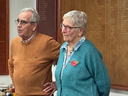 Competitions Secretary Barrie Jones and President Wendy Cross prpare to present this year's trophies.