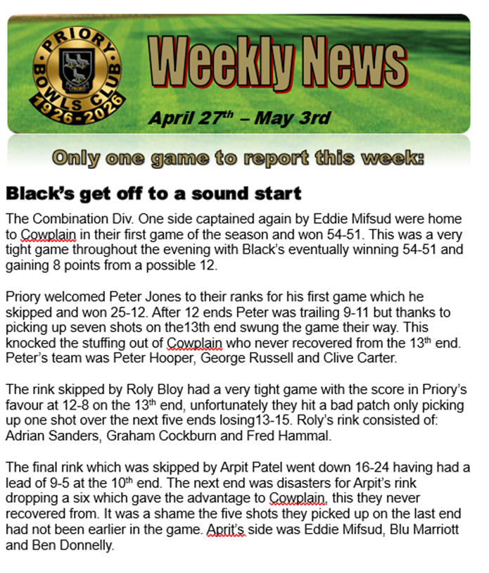 Priory Bowls Club April 27th - May 3rd