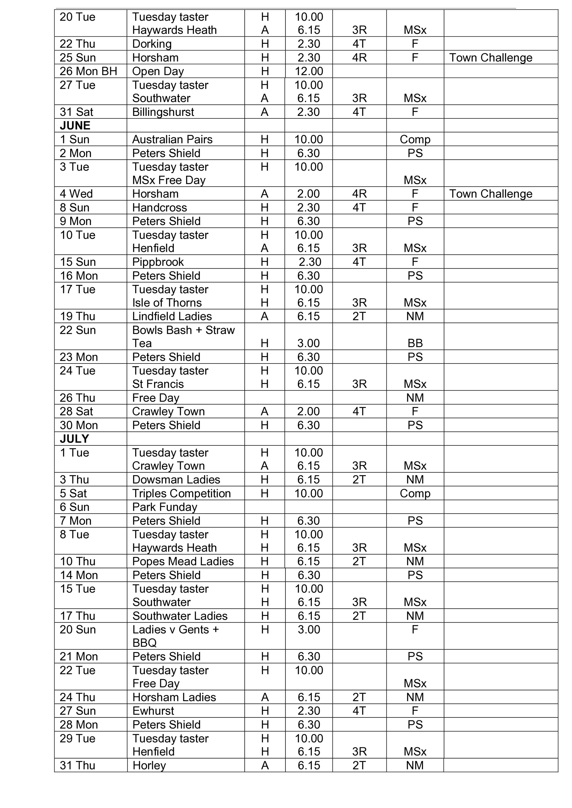Horsham Park Bowls Club FIxture 2025
