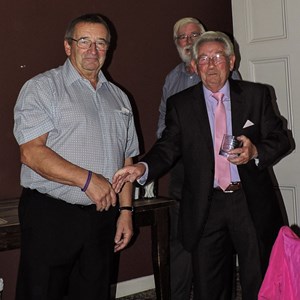 Eastney Bowls Club 2017 Presentation Evening. The President, Roger Wood presenting Ivor Gardner with his Runner-up award for the club 4 Wood Handicap competition.