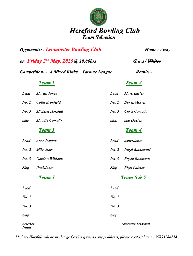 Hereford Bowling Club Leominster - Tarmac League - 02/05/25