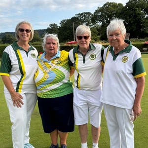 Ladies County Triples winners 2025 with Ladies President L-R: Mandie Complin, Kim Hendricksen, Sue Davies, Pat Farmer